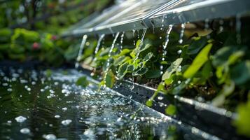 A rooftop rainwater harvesting system directing water into a reservoir that can also be powered by solar energy for additional water supply for the greenhouse photo