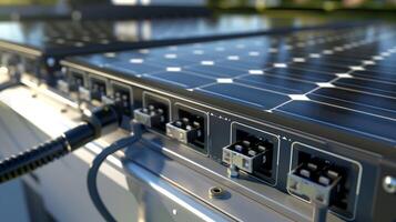 A closeup of a solar panel absorbing the suns rays powering multiple charging outlets for devices photo