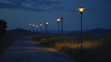 A row of solarpowered streetlights lining a rural road lighting up the night with their stored solar energy photo