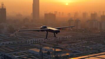 The solarpowered drone taking off from a rooftop its sleek design and energysaving capabilities making it a popular choice a professionals photo