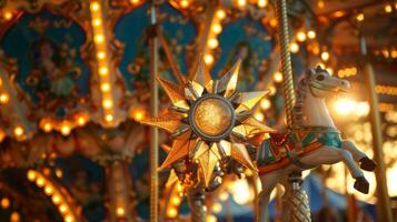 A whimsical solarpowered carousel adorned with intricate designs and powered by the suns rays photo