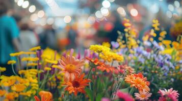 Blurry background of the indoor workshop with the vibrant flowers and attendees in the foreground photo