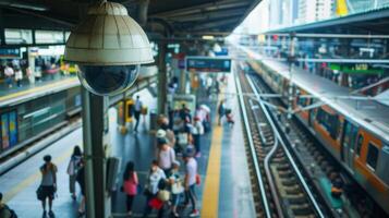 A bustling train station with solarpowered security cameras p throughout the platform monitoring for any potential threats photo