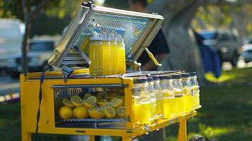A local vendor selling refreshing lemonade from a customized solarpowered cart complete with a mini fridge powered by the sun photo