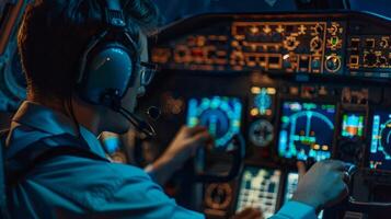 Inside the pit a pilot controls the planes flight while monitoring the solar energy levels on a screen photo
