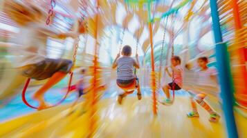 Swirling colors and motion as children climb swing and crawl in the indoor playground photo