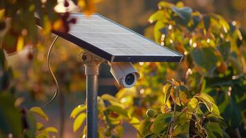 A rural landscape is captured by a solar powered security camera with a solar panel sitting on top soaking in the sunlight photo