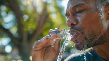 A man taking a break from his exercises drinking from a water fountain that is powered by solar panels photo