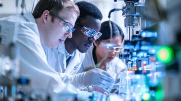 A team of researchers in a brightly lit lab working together to test and optimize a new solar energy storage technology photo
