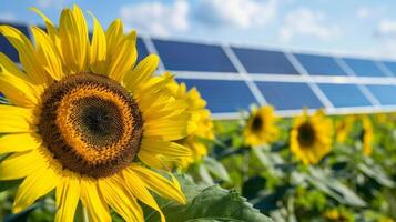 A sunflower field with solar panels in the background illustrating the harmony between nature and technology in solarpowered irrigation photo