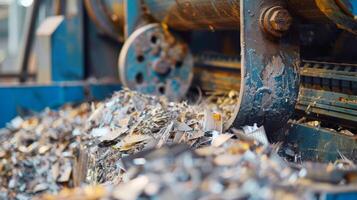 A closeup of a machine crushing old solar panels into smaller pieces making them easier to recycle and reuse photo