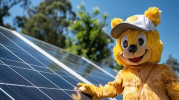 A cheerful school mascot standing proudly next to a solar panel promoting the schools commitment to sustainable and ecofriendly practices photo