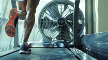 A person running on a solarpowered treadmill their movements powering an attached fan to keep them cool photo
