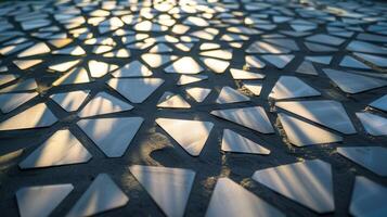 A minimalist sculpture made of solar panel tiles arranged in a geometric pattern and casting intricate shadows of light depending on the angle of the sun photo