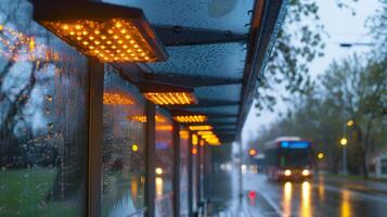 A rainy day is no match for this bus stop equipped with solar panels that effortlessly power its lights and keep passengers dry photo