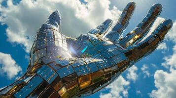 A largerthanlife sculpture of a hand using solar panels as its fingers reaching up to the sky and collecting sunlight to power its surroundings photo