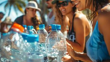 A beach cleanup group uses solarpowered filtration systems to refill their reusable water bottles while reducing plastic waste photo