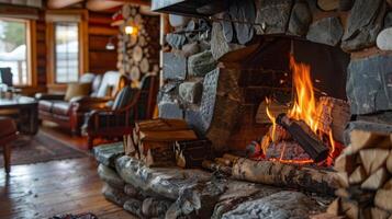 A warm and inviting fireplace inside the cabin using sustainable firewood gathered from the surrounding area for heating photo