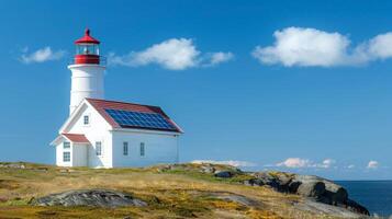 A charming lighthouse on the coast its iconic white walls and red roof topped off with a modern solar panel system to provide energy for the beacon photo