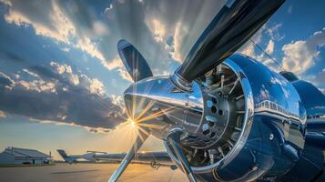 The suns rays gleaming off the reflective surfaces of the solar panels powering the planes propellers photo