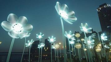 A rooftop garden filled with solar panel flower installations each one turning to follow the sun and producing a soft glow at night while also powering the building below photo