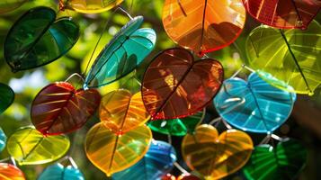 A playful arrangement of oversized brightly colored solarpaneled leaves providing shade while generating energy photo
