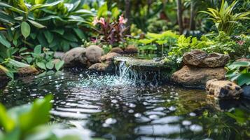 A small pond can be found in one corner surrounded by solarpowered water features and lush greenery creating a serene atmosphere photo
