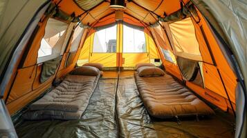 A view of the interior of the tent showing the spacious layout and comfortable sleeping arrangement all powered by solar energy photo