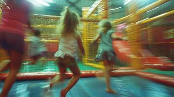 Hazy figures of children bouncing sliding and having a blast in the indoor playground photo