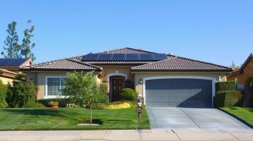 An exterior view of a home equipped with advanced solar energy technology making it stand out from the rest of the neighborhood photo