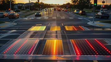 An intersection with traffic lights powered by solar roadways saving energy and reducing carbon footprint photo