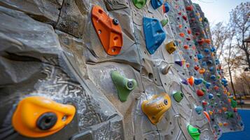 A rock climbing wall with strategically p solar panels harnessing the suns energy to power the playground lights and electronic games photo