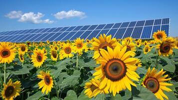 Sunflowers grown for both their seeds and their oil surround a large solar panel array creating a stunning visual of agriculture and renewable energy working hand in hand photo
