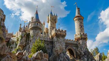 A grand castle centuriesold and towering over the landscape now with a new addition of solar panels atop its stone turrets photo