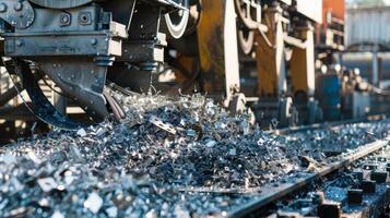 A large machine crushes old solar panels into smaller pieces making it easier to recycle photo