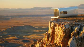 A modern sleek research station powered entirely by solar energy perched on the edge of a steep cliff overlooking a vast windswept plain photo