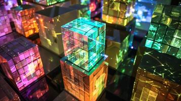 A series of large cubes arranged in a mazelike fashion each containing solar panels and projecting colorful patterns onto the surrounding walls photo