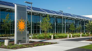 A sign at the entrance of the data center with the words Solar Powered and an image of a sun symbol representing its commitment to renewable energy photo