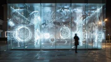 A multifaceted glass installation featuring intricate etchings of various celestial bodies utilizing embedded solar panels to power a glowing effect at night photo