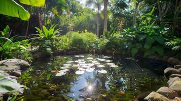 A serene pond surrounded by greenery fed by a solar powered water pump and providing a source of sustenance for local wildlife photo