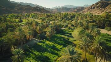 A lush green oasis in the middle of a dry desert made possible by a solarpowered irrigation system bringing water to the area photo