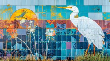 A colorful mural on the side of a building created using large solar panels as the canvas and capturing a vibrant scene of nature and wildlife photo