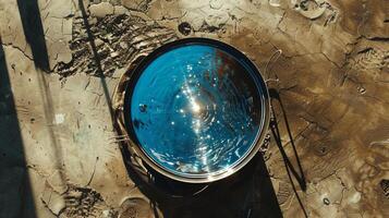 An overhead view of a solarpowered water heater in action with the suns rays reflecting off its surface and heating the water inside photo