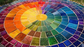 An aerial view of a field of solar panels arranged in the shape of a giant mandala with each panel reflecting a different color of the rainbow photo