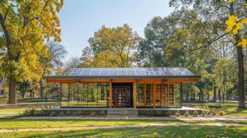 A bright sunny park setting with a small library at its center powered entirely by gleaming solar panels photo