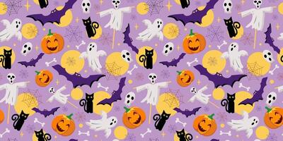 Festive funny halloween icons. Pattern seamless. Bat, ghost, skeleton, bones, pumpkin. black cat, web, stars and moon. Continuous texture, festive background for packaging, textile. vector