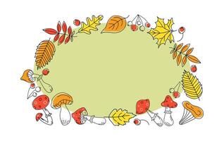 Autumn frame, border leaves, mushrooms and berries. Fly agaric, rowan branch, maple leaf, doodle, drawings, sketch. Black and white illustration on color spots. Background white isolated. vector