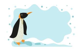 Banner, postcard cute penguin. Cartoon animal of Antarctica, polar bird. World Penguin Day. Place for text. Background with snowflakes, snow. vector
