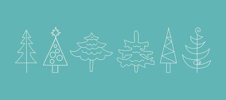 Set Christmas trees, drawing, doodle. New Year simple linear icons in a row. Winter illustration, isolated background. vector
