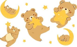 Set of flat illustrations in children's style. Cute bears sleeping on the moon and flying in space vector
